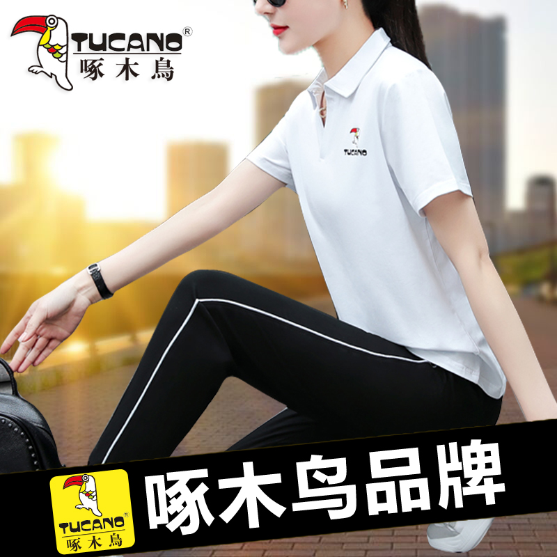 Woodpecker Sport Suit Women's Summer 2022 New Pure Cotton Short Sleeve Fashion Minus Age Foreign Air Casual Thin Two Sets 