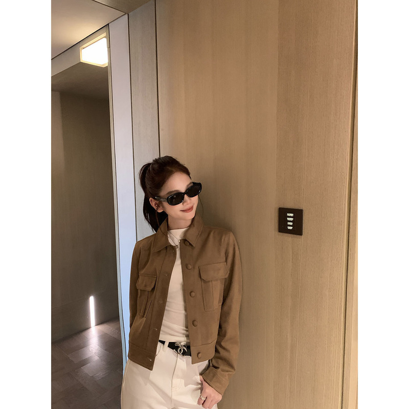 Yoyozizhi Gaozhi Laoqian Short Vintage Lapel Suede Workwear Brown Jacket Women's Coat for Spring and Autumn Yoyozizhi Gaozhi Laoqian Short Vintage Lapel Suede Workwear Brown Jacket Women's Coat for Spring and Autumn