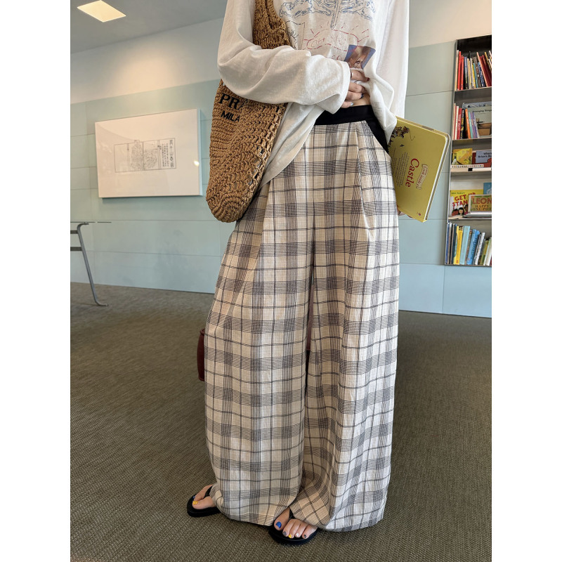Yoyozizhi New Product Lazy Weekend Korean Style Oxygen-Relaxing Color-Block Plaid Wide-Leg Casual Long Pants for Women