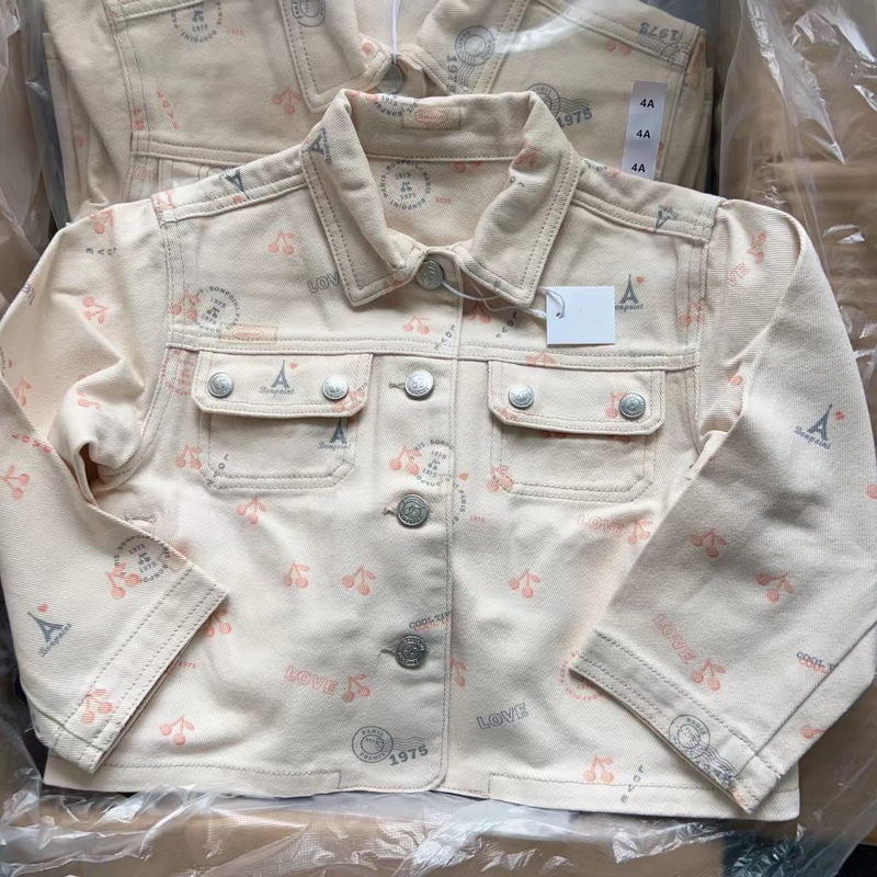French-Style Children's Clothing 24 Early Autumn New Collection All-Cotton Girls' Cherry Print White Denim Jacket for Ages 4-14 