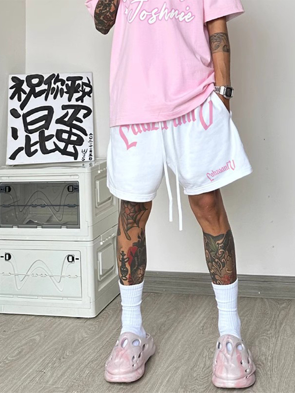 American-Style Trendy Brand Oversized New Pink Letter Print Drawstring Shorts ins Designer Sports Pants American-Style Trendy Brand Oversized New Pink Letter Print Drawstring Shorts ins Designer Sports Pants