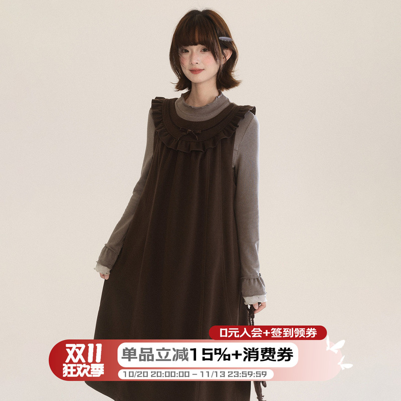 Xiaocongliangcai Chestnut Cocoa Brown Ruffled Woolen Vest Dress for Women, Autumn and Winter Loose Sleeveless Dress Xiaocongliangcai Chestnut Cocoa Brown Ruffled Woolen Vest Dress for Women, Autumn and Winter Loose Sleeveless Dress