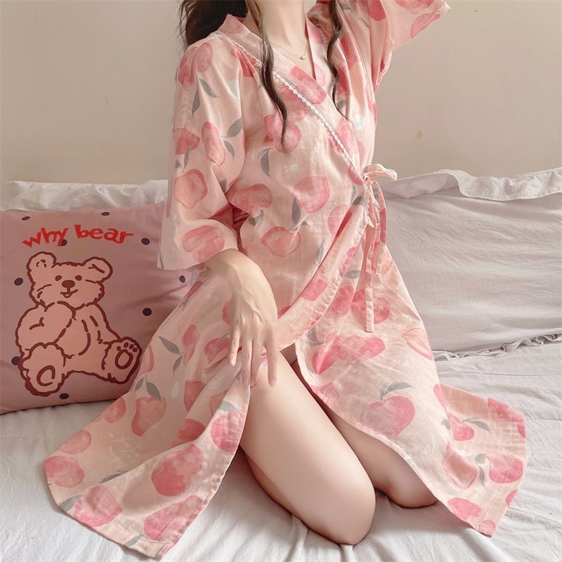 Japanese-Style Kimono Nightgown, Thin Dress with Ties, Bathrobe, Women's Summer Loungewear, Summer Style Yukata, Short-Sleeved