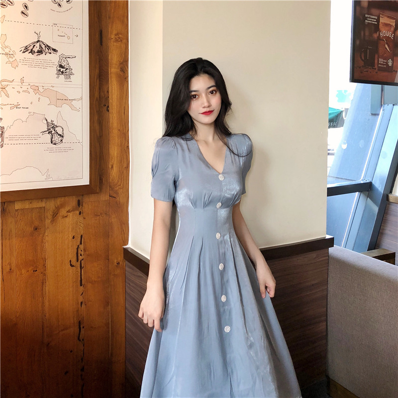 Pháp retro nhỏ hút thuốc váy nữ 2019 hè mới sáng bóng cổ chữ V dáng váy eo thon - Sản phẩm HOT đầm xòe