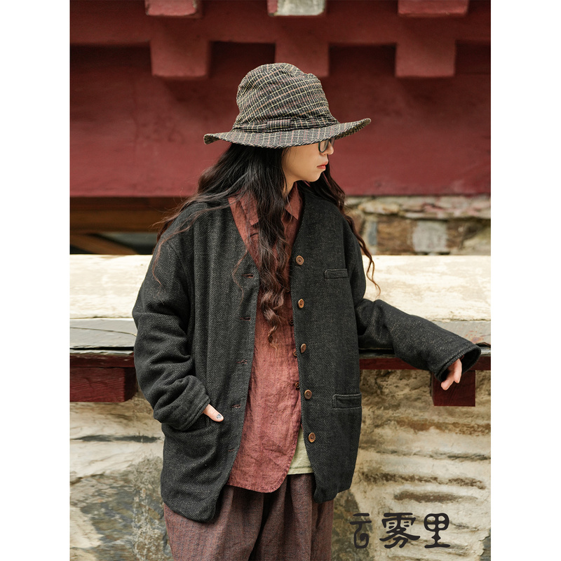 Cloudy Mist Linen-Cotton Blend Twill Textured Side Slit Blazer V-Neck Loose Vintage Short Jacket 6109