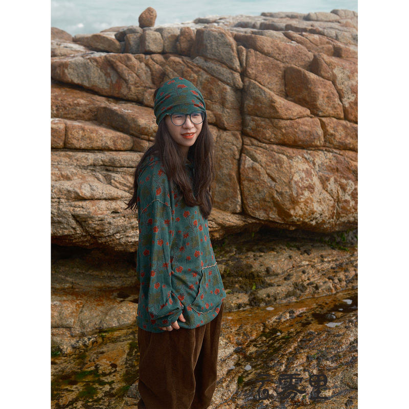 Clouds and Mist Original Vintage Print Hooded Long Sleeve T-Shirt Hemp Organic Cotton Casual Circular Knitted Sweatshirt 7117