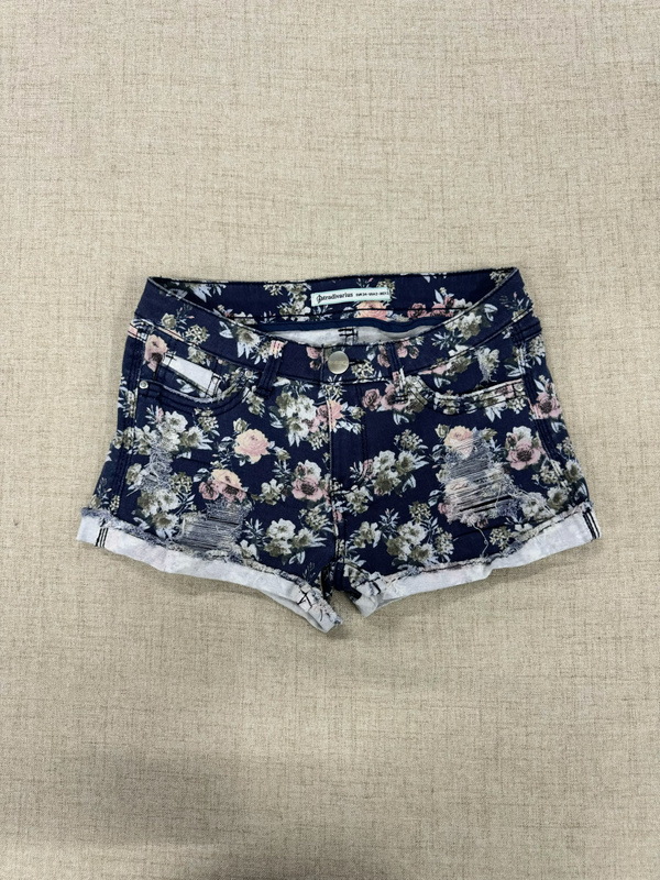Foreign Trade Surplus Vintage Retro Y2K Spicy Girl Floral Distressed Frayed Low-Rise Denim Shorts Hot Pants for Women