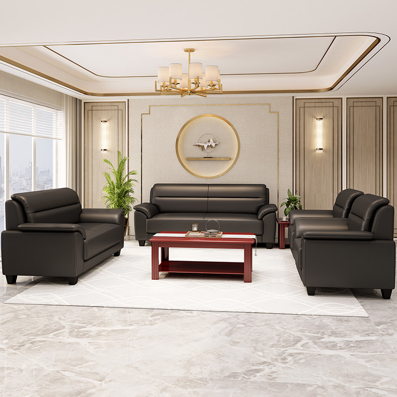 Office sofa leather modern minimalist new Chinese reception reception high-end leather art solid wood coffee table matching combination