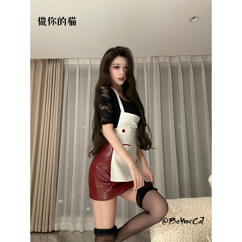 Be Your Cat: Over-The-Top Dinner Party *Original Halloween Sexy Patent Leather Cosplay Maid Bodycon Uniform Set for Women Be Your Cat: Over-The-Top Dinner Party *Original Halloween Sexy Patent Leather Cosplay Maid Bodycon Uniform Set for Women