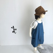 Knock to wear childrens summer 20 new thin boys and girls Korean tide ice Tencel denim jumpsuit body five points