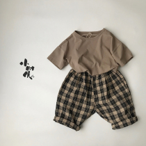 Knock temperament 2020 new summer children Korean plaid cotton radish pants seven points men and women Baosen Literary style