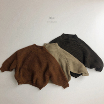 Lazy wind retro thick line ~ Korean version 20 Spring and Autumn Winter new children thick pullover sweater boys and girls half high collar