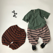 Korean version 1:1 drape de striped bloomers 2020 new summer boys and women Korean version of cotton mosquito pants literary style