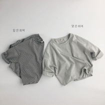 Soft glutinous ~ Cotton childrens T-shirt stripes 2020 Autumn new mens and womens clothing Korean base long sleeve foreign atmosphere loose tide