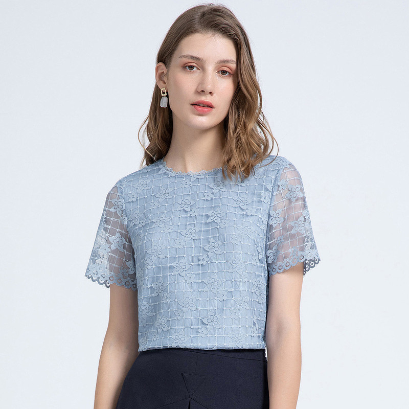 4720981Finity Casual Round Neck Short-Sleeved Lace Mesh Textured Short-Sleeved Blouse for Women 4720981Finity Casual Round Neck Short-Sleeved Lace Mesh Textured Short-Sleeved Blouse for Women
