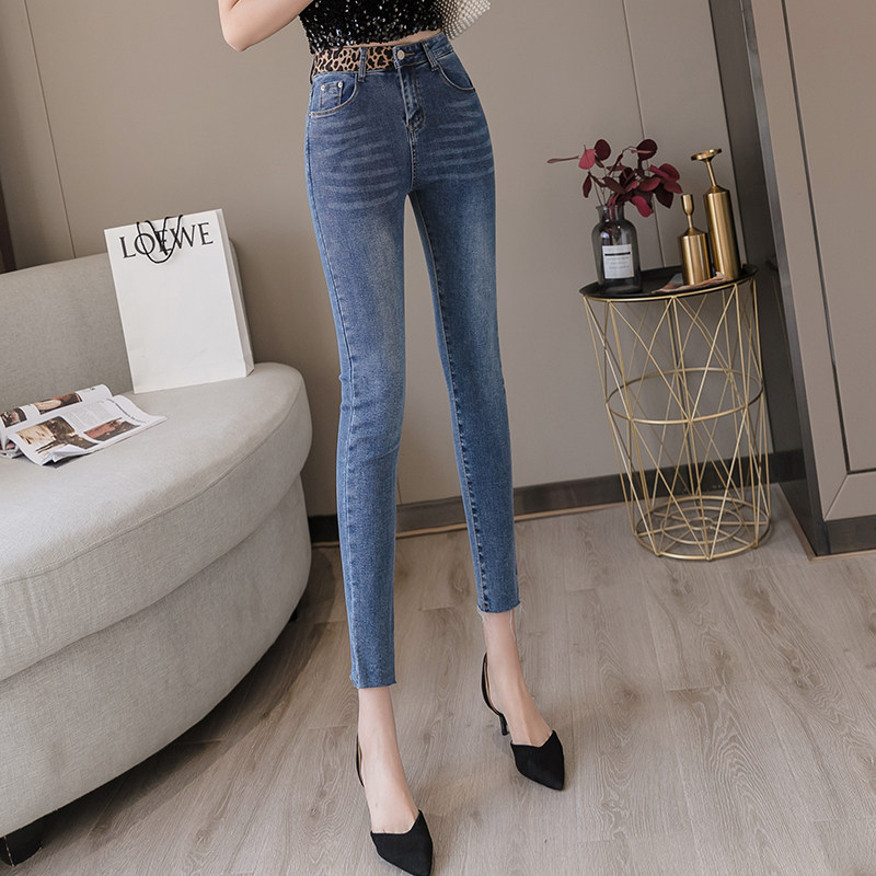 High end 2022 spring summer new sashimi elastic jeans Women BAO WEN collage belt tighty slim fit narrow pipe pants 90% pants