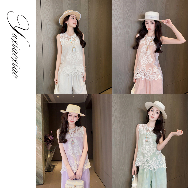 Yu Xiaoxiao【Byzantine Hymn】Tencel Linen Patchwork Water-Soluble Lace Embroidery French Elegant Sleeveless Top