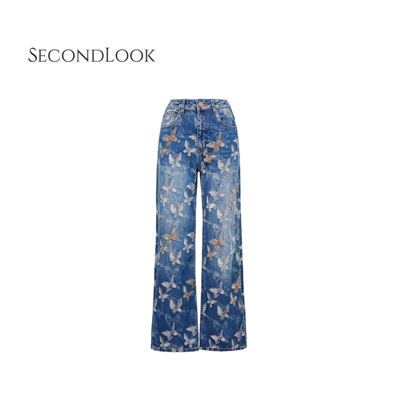 Yu Xiaoxiao【Lost Butterfly】Cotton Design with Full-Width Three-Dimensional Butterfly Jacquard Vintage Niche Wide-Leg Jeans Yu Xiaoxiao【Lost Butterfly】Cotton Design with Full-Width Three-Dimensional Butterfly Jacquard Vintage Niche Wide-Leg Jeans