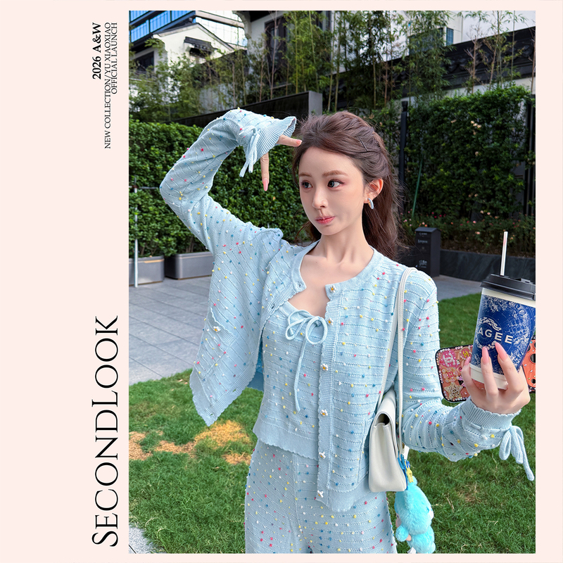 Yu Xiaoxiao【Fantasy Planet】Fashionable and Exquisite Camisole + Cardigan & Flowing Wide-Leg Pants Set for Early Autumn