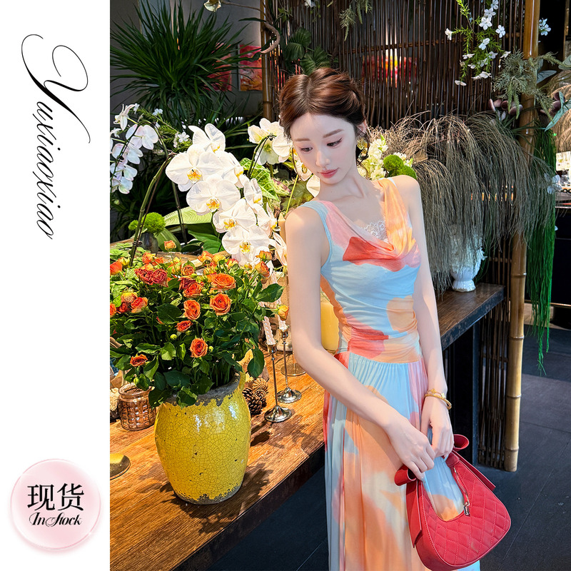 Yu Xiaoxiao【Capri Sunset】Oil Painting Print Stretch Mesh Swing Neck Sleeveless Slim Dress Yu Xiaoxiao【Capri Sunset】Oil Painting Print Stretch Mesh Swing Neck Sleeveless Slim Dress