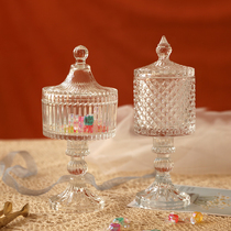 欧式浮雕玻璃糖果罐 透明带盖储物罐ins风高脚罐子婚礼摆件收纳罐