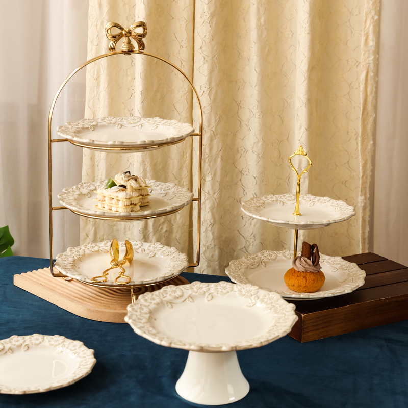French-Style Afternoon Tea Snack Stand, Embossed Ceramic Fruit Snack Tray, Dessert Table Display, Cold Food Plate, Tea Break Display Stand