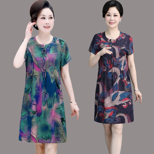 Платье, летняя одежда для матери, юбка, для среднего возраста, короткий рукав, в западном стиле, 50 лет, большой размер