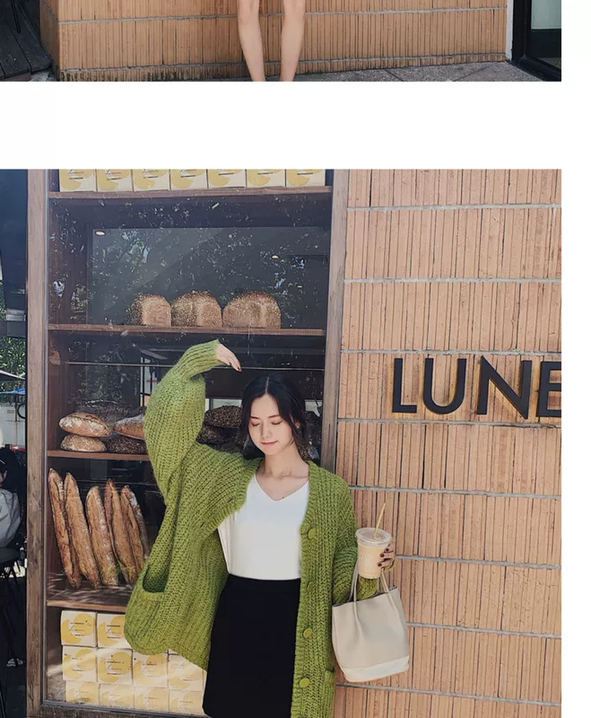 Áo len dệt kim nữ mùa xuân và mùa thu Phiên bản Hàn Quốc Loose Lazy Wind Avocado Green Lantern Tay áo len Áo khoác ngoài Làn sóng mới - Áo len cổ chữ V