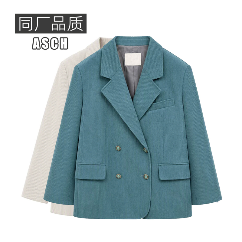 Asch Original [Shenglan] Vintage Corduroy Blazer for Women, Autumn Notch Lapel Double-Breasted Padded Shoulder Suit