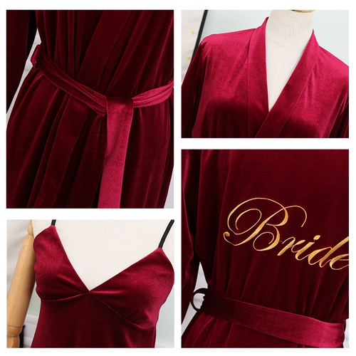Бархатный зимний длинный красный сексуальный осенний банный халат для невесты, для подружки невесты, изысканный стиль