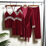 Демисезонная бархатная пижама, комбинезон, штаны, набор, сексуальный банный халат, комплект, лонгслив, бархатный лебедь, эффект подтяжки, 4 предмета