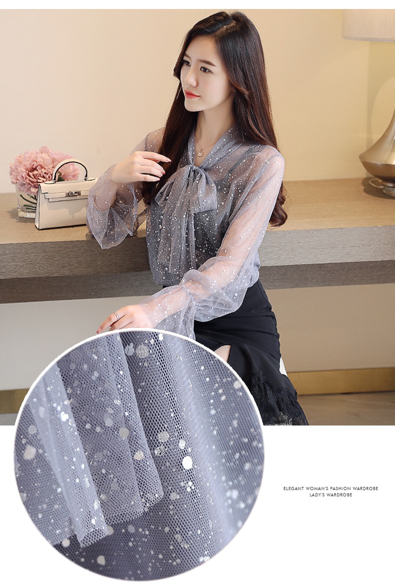 Mùa thu 2018 mới nơ lưới lưới áo sơ mi nhỏ siêu tiên dài tay áo voan nữ rất cổ tích ren đáy áo kiểu nữ công sở