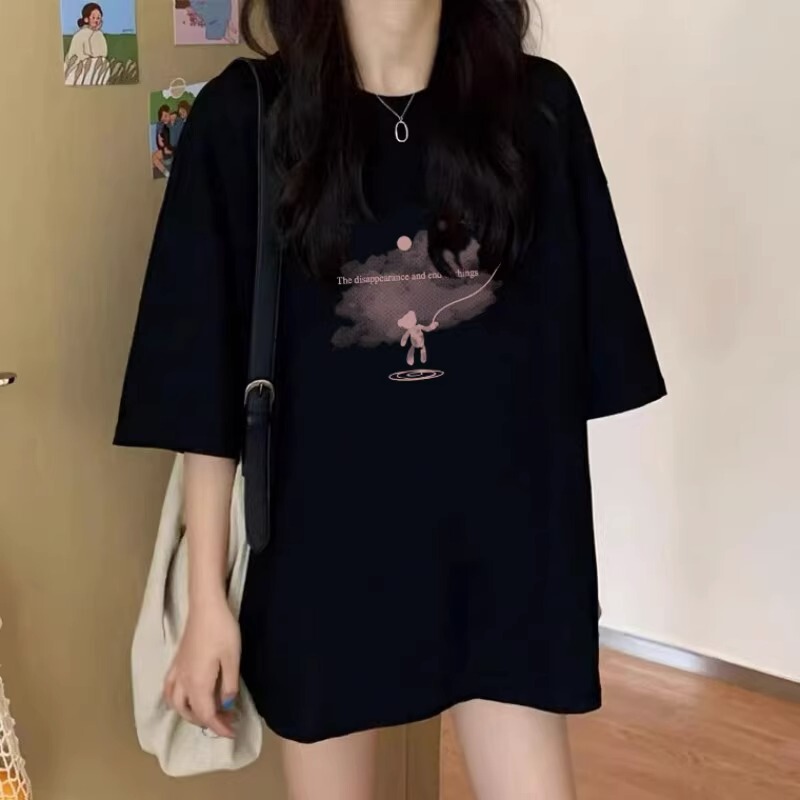 2026 New European Style Pure Cotton Mid-Length T-Shirt for Women, Loose Design, Black Oversized Short-Sleeve Top