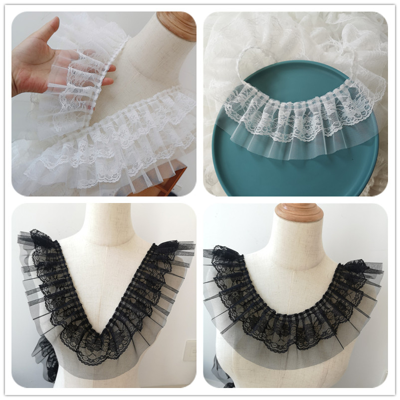 Quality black white base pleated lace dress hem collar cuffs Barbie dolls make clothes lace accessories cloth art