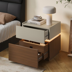 Italian Minimalist Style Solid Wood Bedside Table with Light, Storage Cabinet, Modern Simple Bedroom Integrated Hidden Compartment Side Cabinet