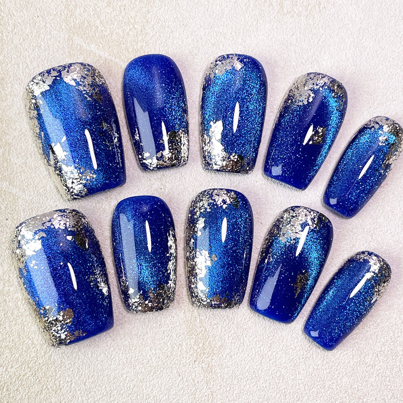 [Fluorescent Sea] Summer Style Ocean Wave Blue Dazzling Cat Eye Nail Art Handmade Press-On Nails [All Sizes and All Nail Types]