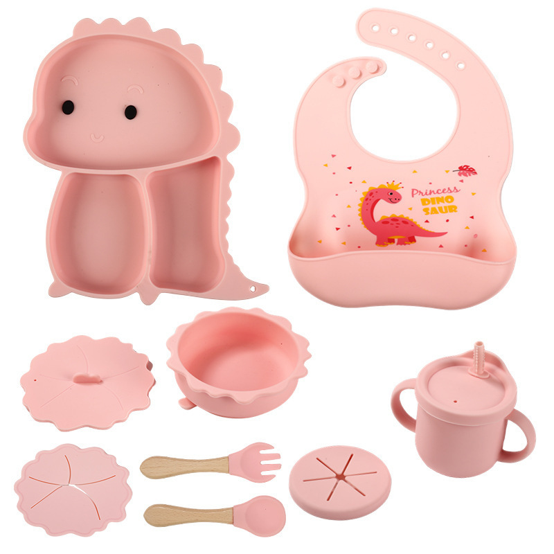 Cross-Border Dinosaur Children's Silicone Dinner Plate with Suction Cup Integrated Bowl Set Baby Silicone Tableware Cartoon Divided Plate