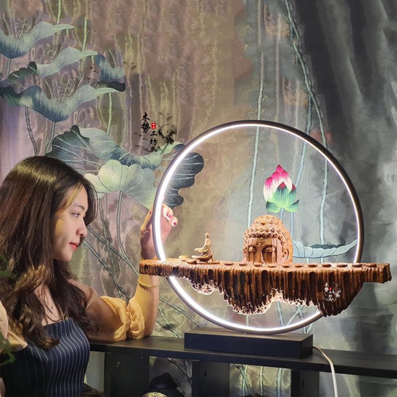 Cliff Platz Creative LED Light One Heart to the Buddha Root Carving a wood Carved Living Room Home Company Pendulum