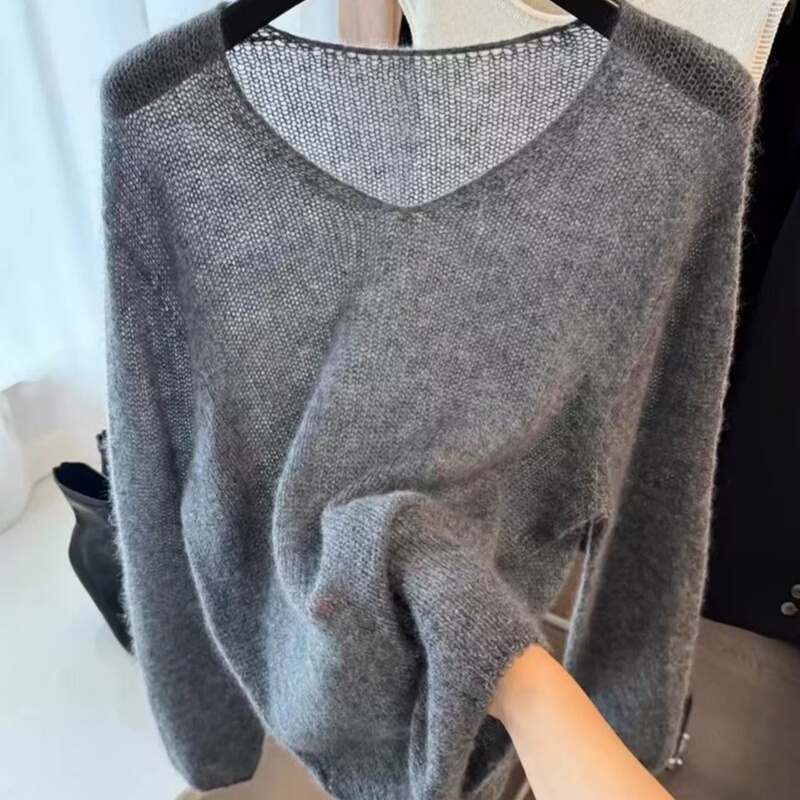 Fluffy and Soft Cashmere V-Neck Pullover Knitwear, 7-Gauge Single-Strand Long-Sleeve Sweater, Loose Top, Korean Style, Lazy Style