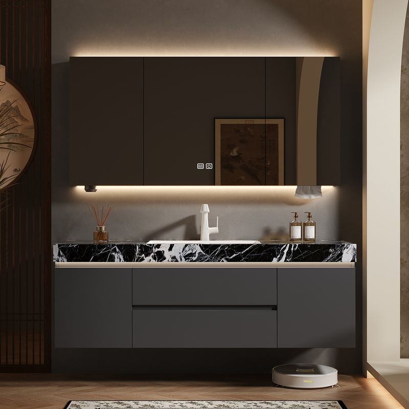 Modern Light Luxury Stone Slab Heat-Bent Seamless Integrated Basin Bathroom Set Washbasin Cabinet Vanity Unit