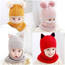 New childrens hat mens and womens childrens one-piece wool hat winter baby plus velvet hat child warm scarf mask baby