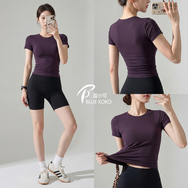 Blue Xiaoke Summer Short-Sleeve Sports Shirt for Women, Slim Fit, Breathable, Pilates Yoga Wear, Running Fitness Clothing