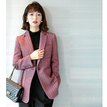 Canary kisser purple woolen blazer womens retro wear slim herringbone wool short suit