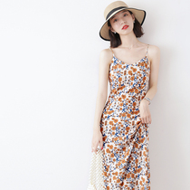 Canary Kiss floral dress female summer daisy thin temperament V-neck medium-long French suspender skirt