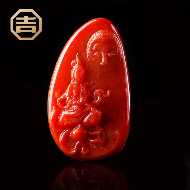 Ji Yongfa Sichuan Liangshan South Red Manau pendant finely carved persimmon red natural full of flesh Pucity of all living beings