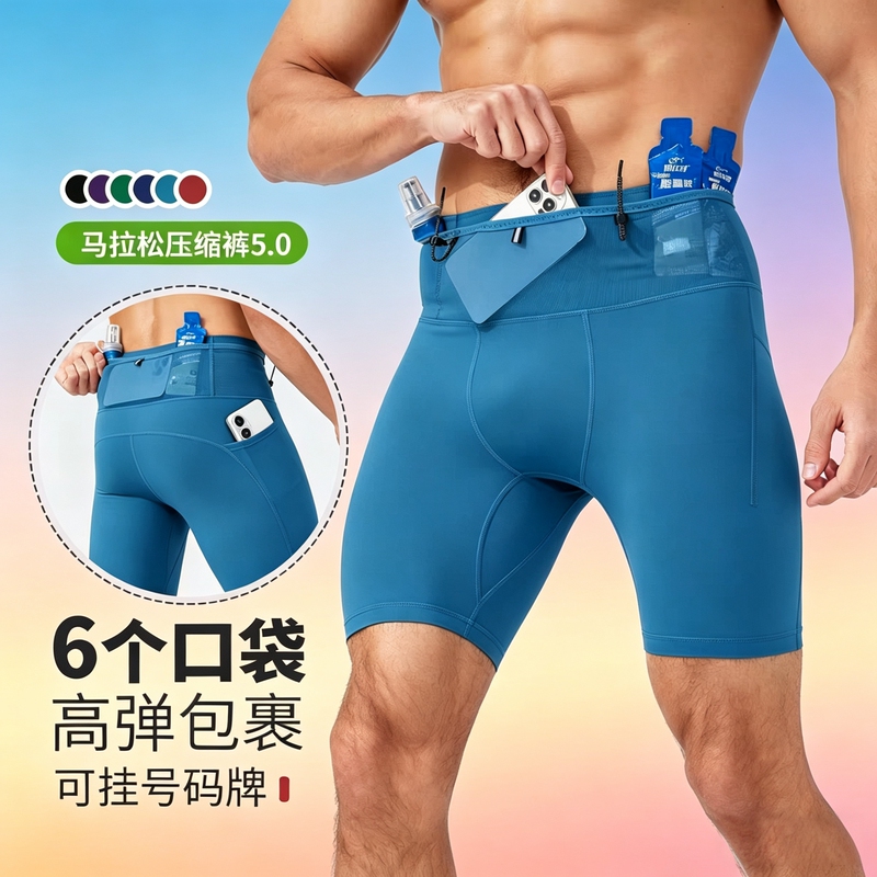 Men's Marathon Running Compression Shorts Quick-Dry Fitness Tight-Fitting Multi-Pocket Compression Training Shorts with Waist Pouch