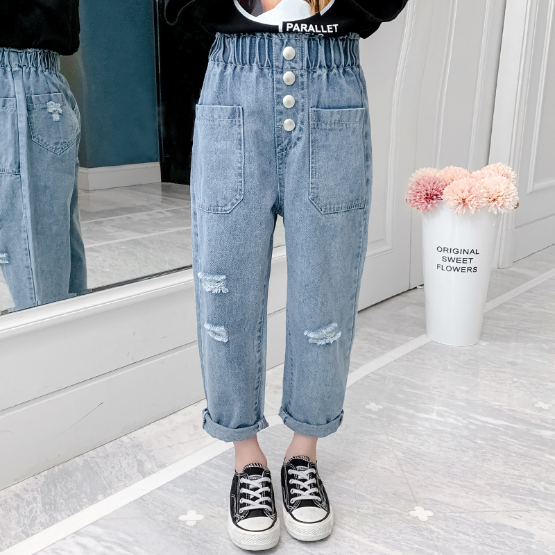 Girlspring mùa xuân và mùa thu lỗ lỏng quần jean 2020 mùa xuân váy mới của Hàn Quốc phiên bản của cô bé lưng cao quần Harun xà cạp nhỏ