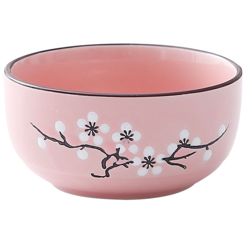Ceramic Underglaze Plum Blossom and Snowflake Japanese-Style Set of Rice Bowls, Pink Cute Household Bowls and Chopsticks, Creative Soup Bowls