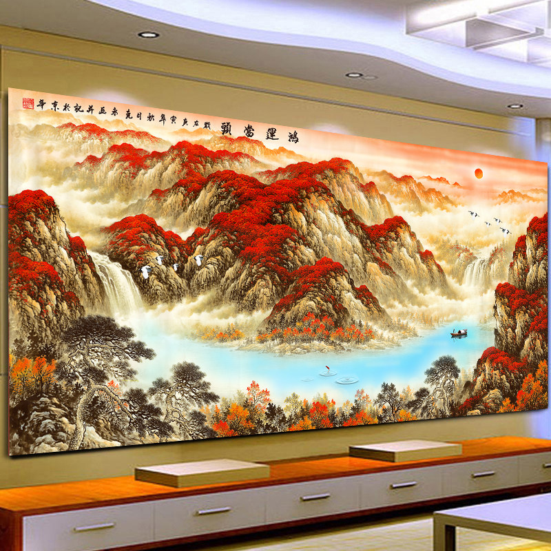 8d Chinese ink and ink landscape country painting living room TV background wall paper wall cloth office Feng Shui Mural Hung for the Head-Taobao