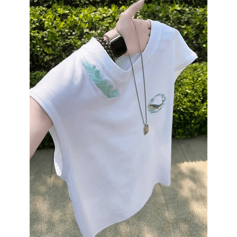 American-Style Heavyweight Pure Cotton Embroidered Vest for Men, Summer Outerwear, Round Neck Sleeveless T-Shirt, Sports Training Tank Top American-Style Heavyweight Pure Cotton Embroidered Vest for Men, Summer Outerwear, Round Neck Sleeveless T-Shirt, Sports Training Tank Top
